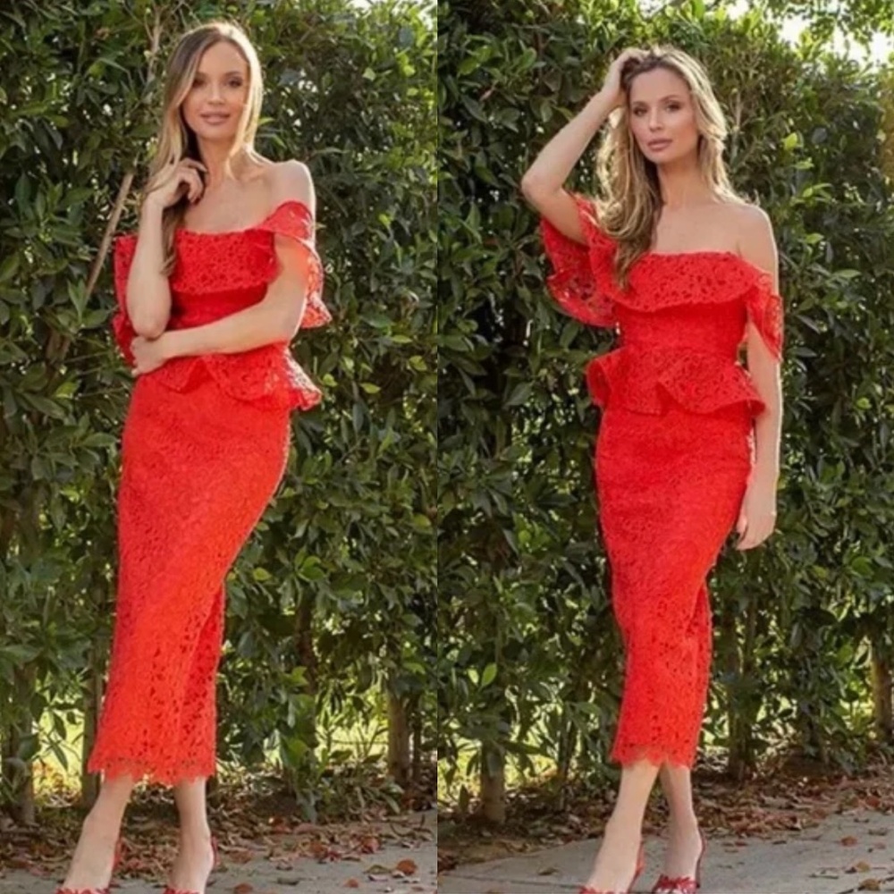 NEW Muse by Marchesa Amaryllis Lace Off-The-Shoulder Midi Dress Sz 2